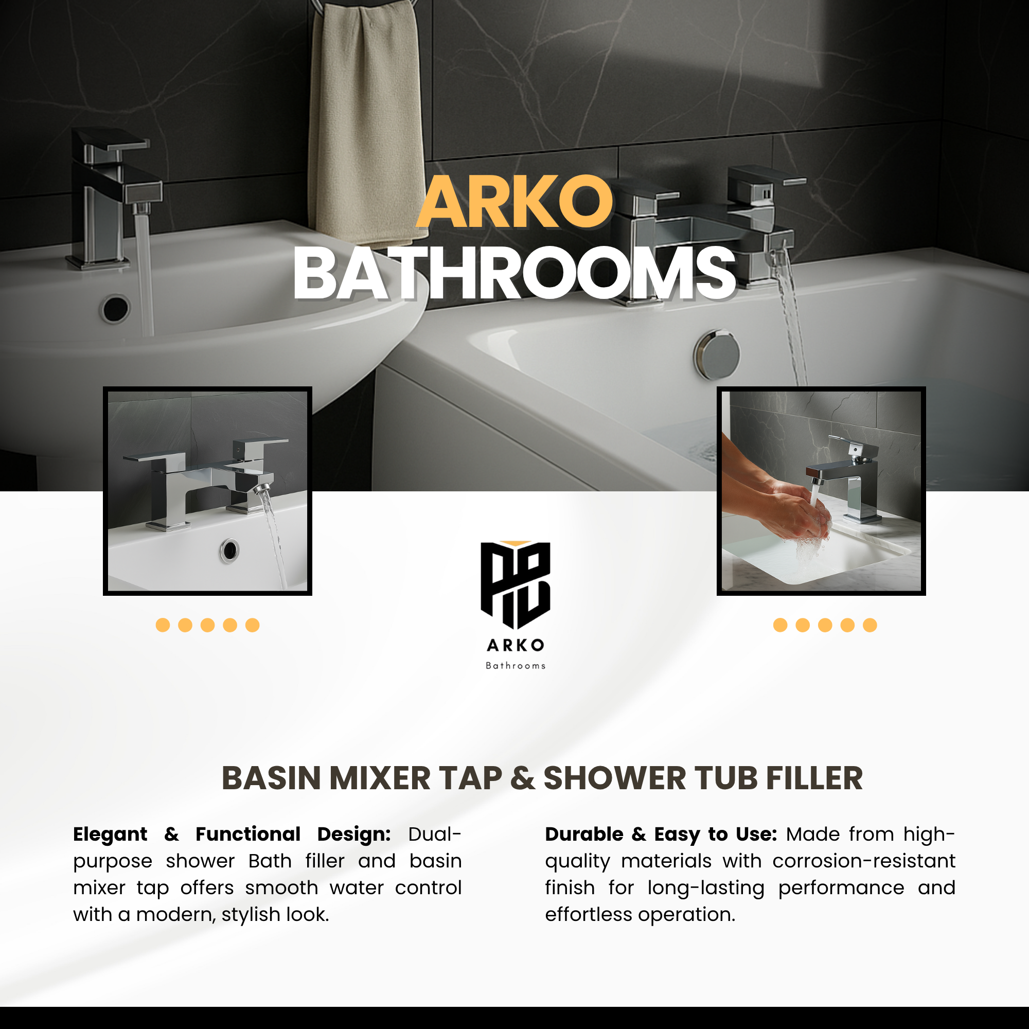 ARKO Verda Brass Bath & Basin Mixer Tap Set – Chrome