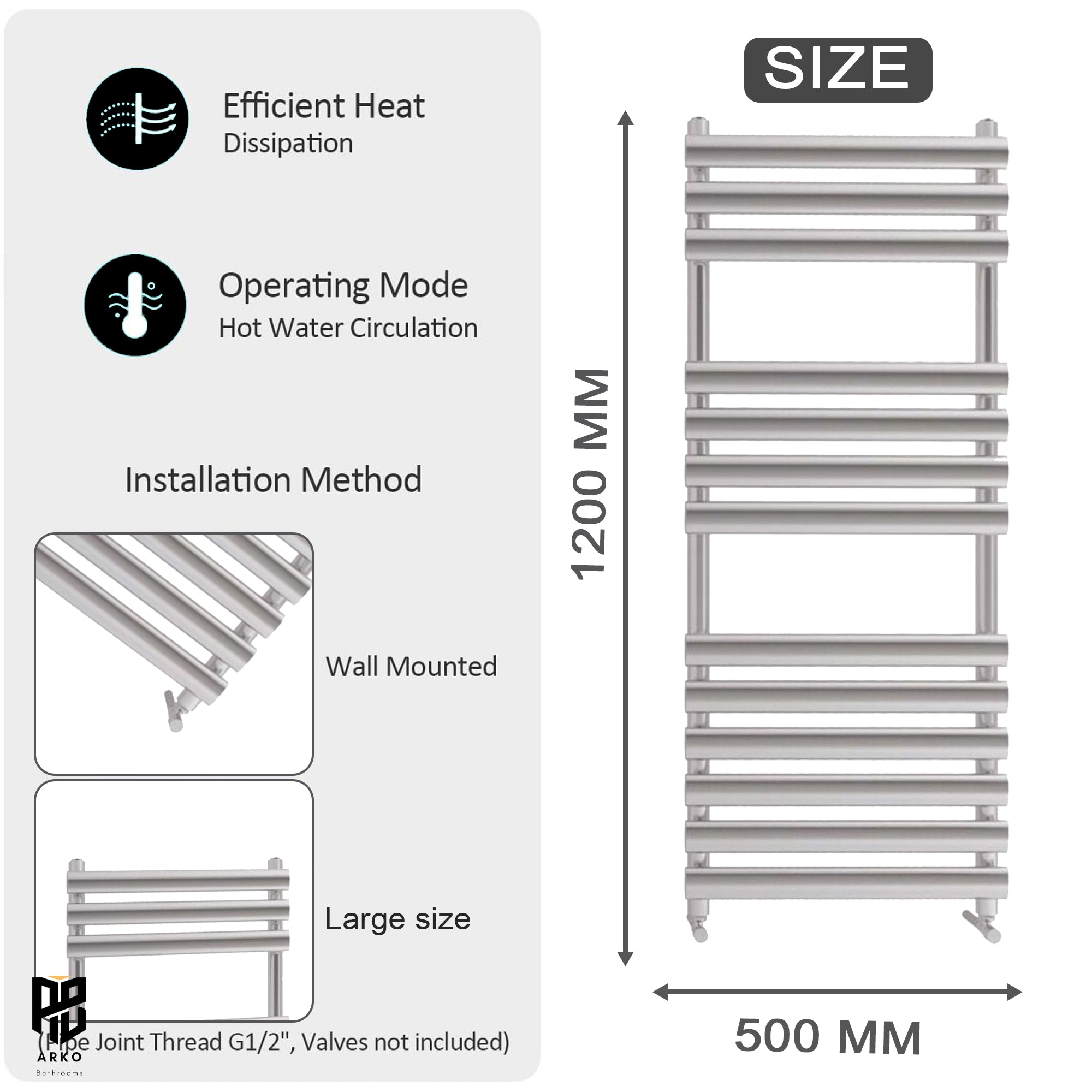 Arko Heated Towel Rail – 500 x 1200mm – Straight Bars – Chrome
