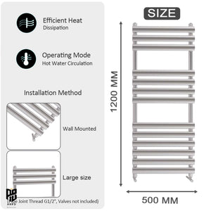 Arko Heated Towel Rail – 500 x 1200mm – Straight Bars – Chrome