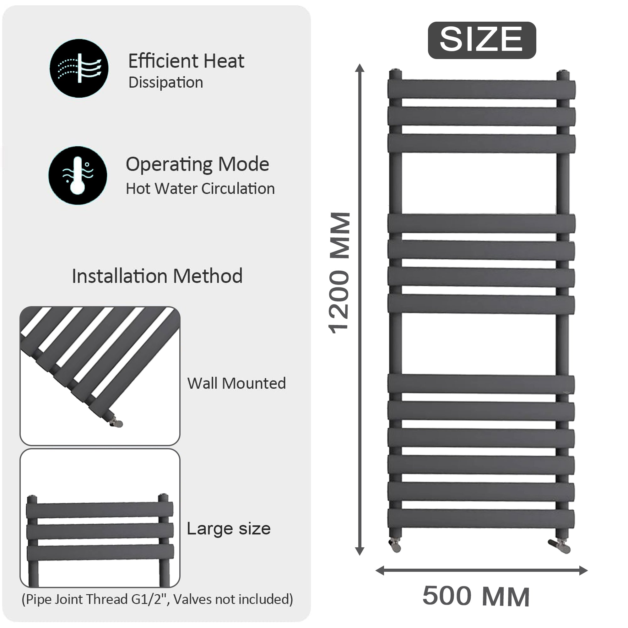 Arko Heated Towel Rail – Matt Black – 500 x 1200mm – Straight Bars