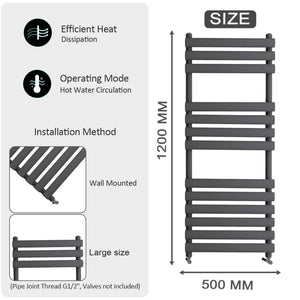 Arko Heated Towel Rail – Matt Black – 500 x 1200mm – Straight Bars