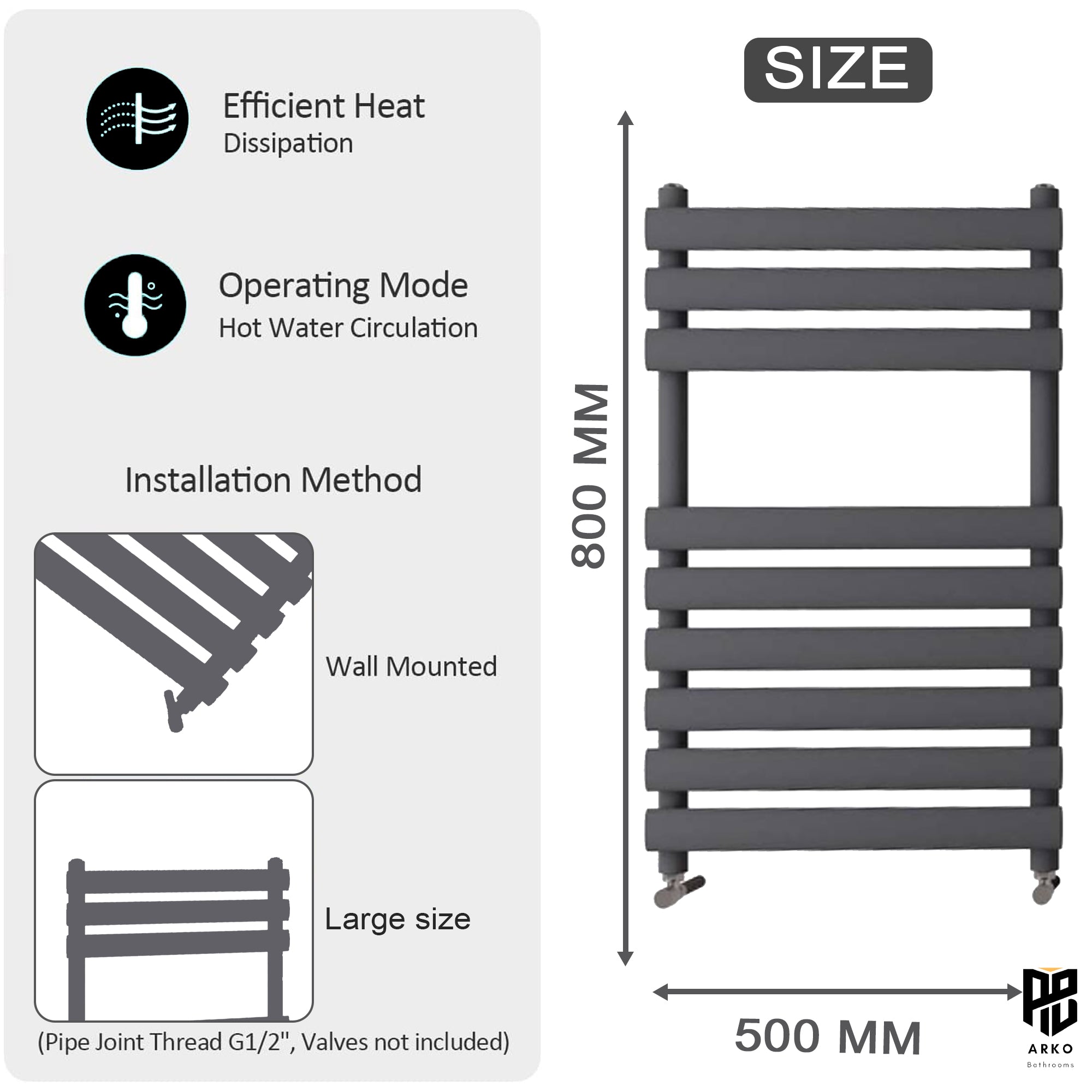Arko Heated Towel Rail – 500 x 800mm – Straight Bars – Black