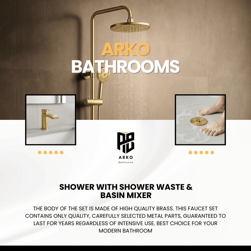 Arko Bathroom Capri Mixer Shower & Basin Mixer Tap Sets with Bath Shower Waste – Brass