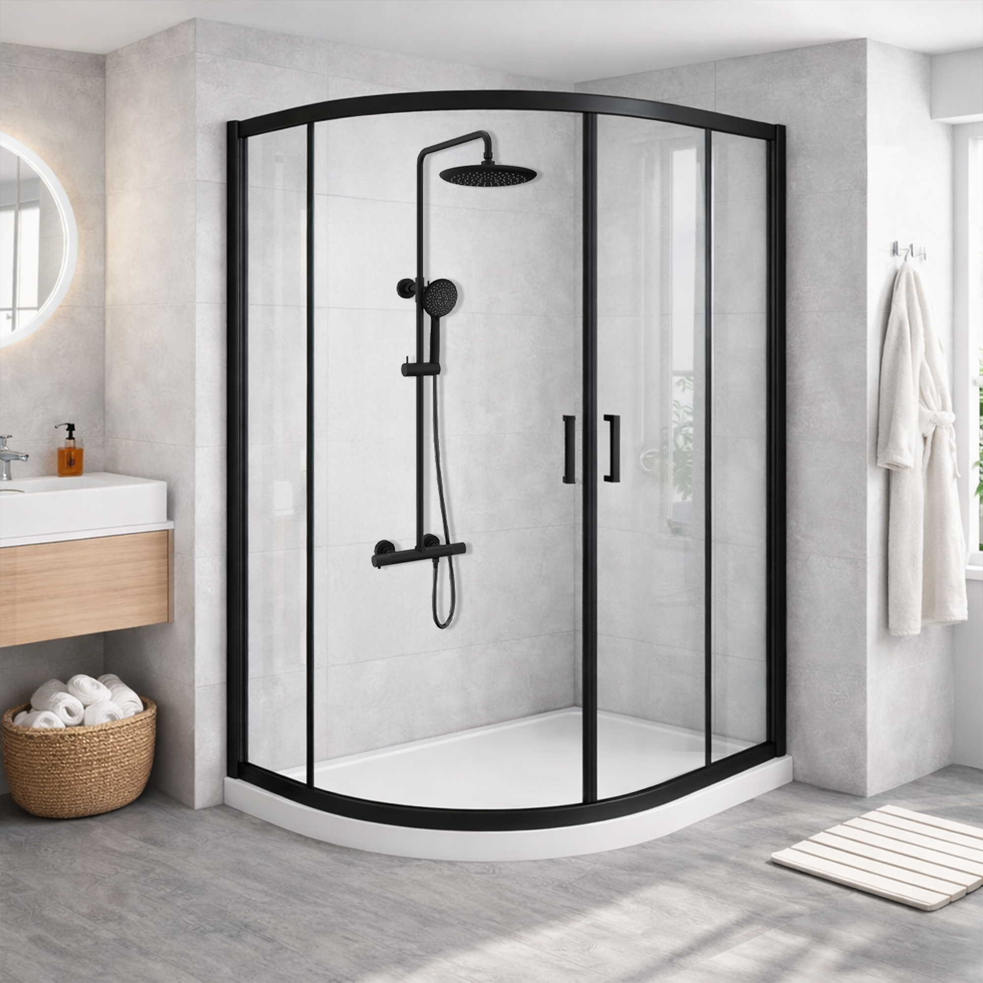 ARKO Round Rainfall Shower System with Handheld Spray & Curved Glass Sliding Shower Enclosure with Waste  - Matte Black