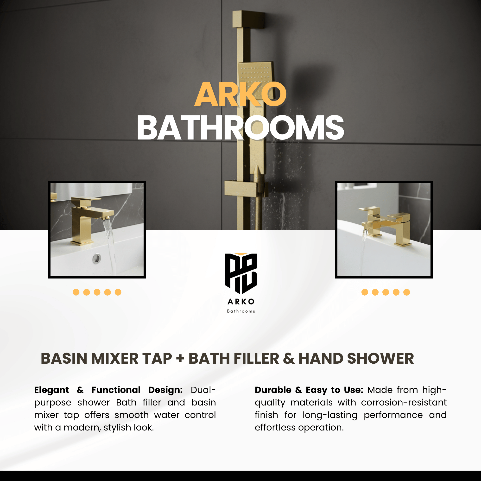 ARKO Verda Bath Filler & Hand Shower Set – Brass