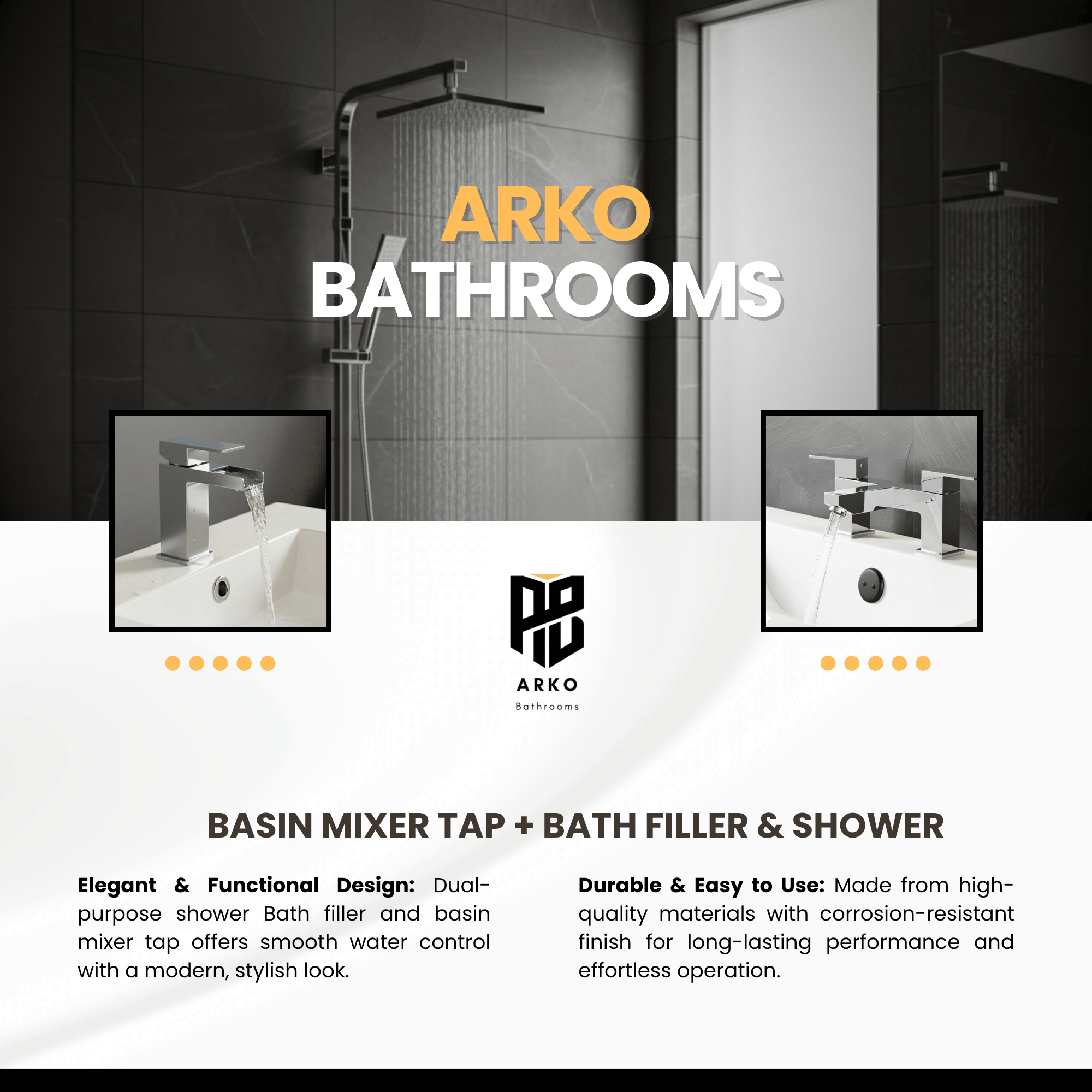 ARKO Waterfall Bath Filler & Mixer Shower Set – Chrome
