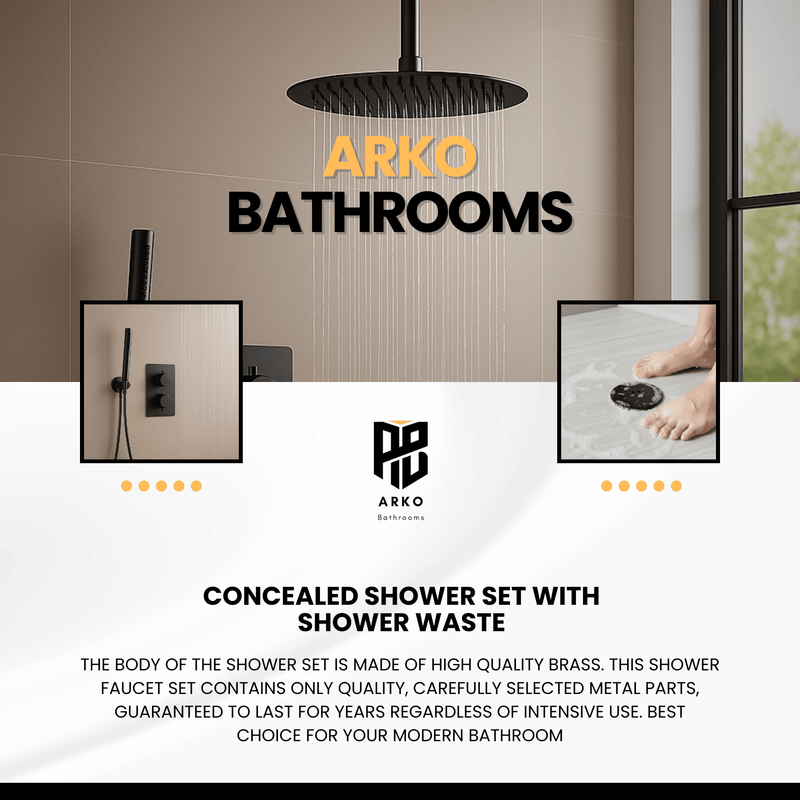 ARKO Round Concealed Thermostatic Shower Mixer 2 Dial Twin Head with Valve, Handset & Shower Waste – Black