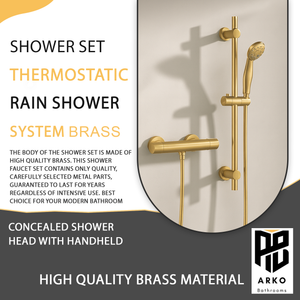 Arko Thermostatic Shower Mixer with Adjustable Riser Kit Exposed Round Shower – Brass