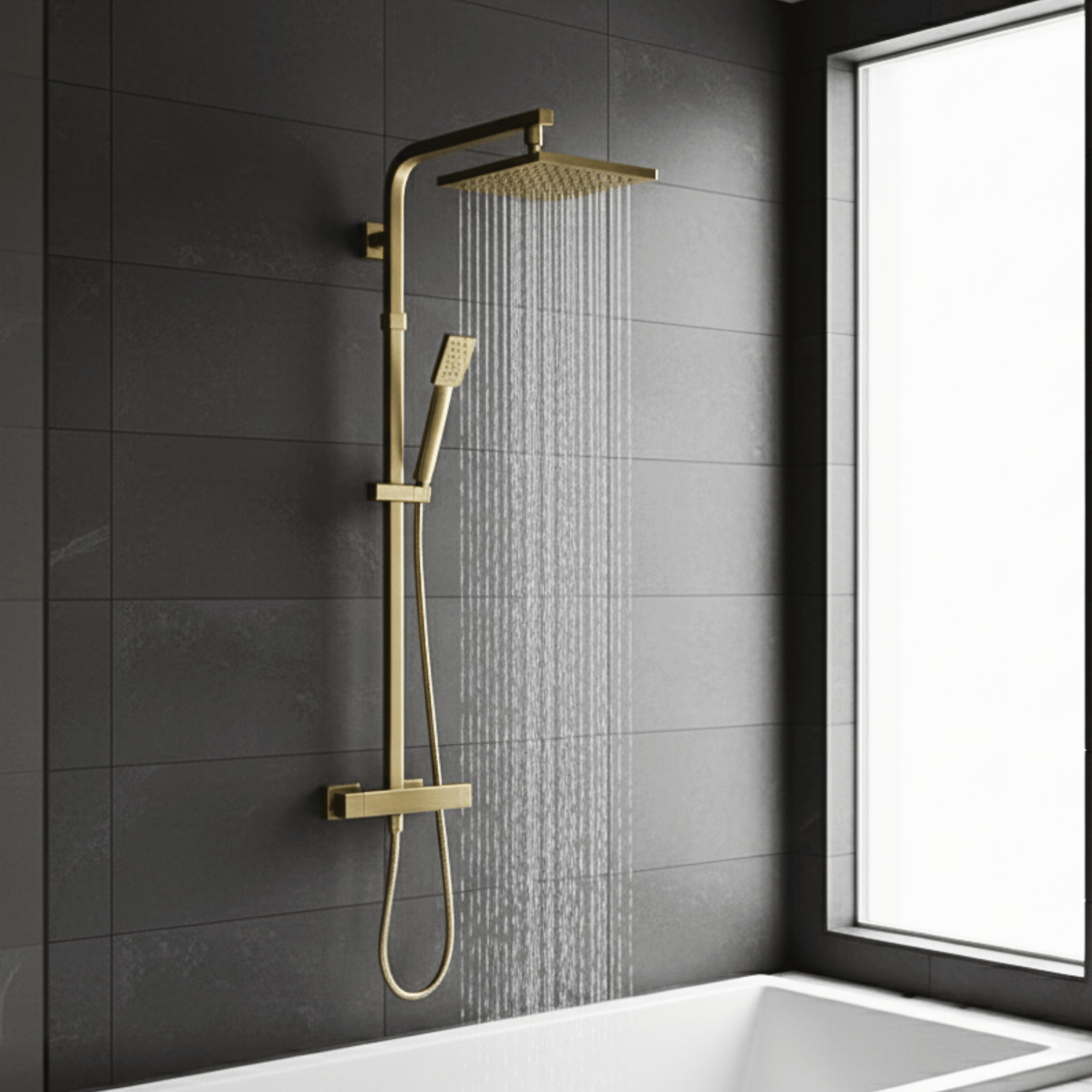 ARKO Waterfall Basin Mixer Tap, Bath Filler & Thermostatic Mixer Shower Set with Bath Waste – Brass