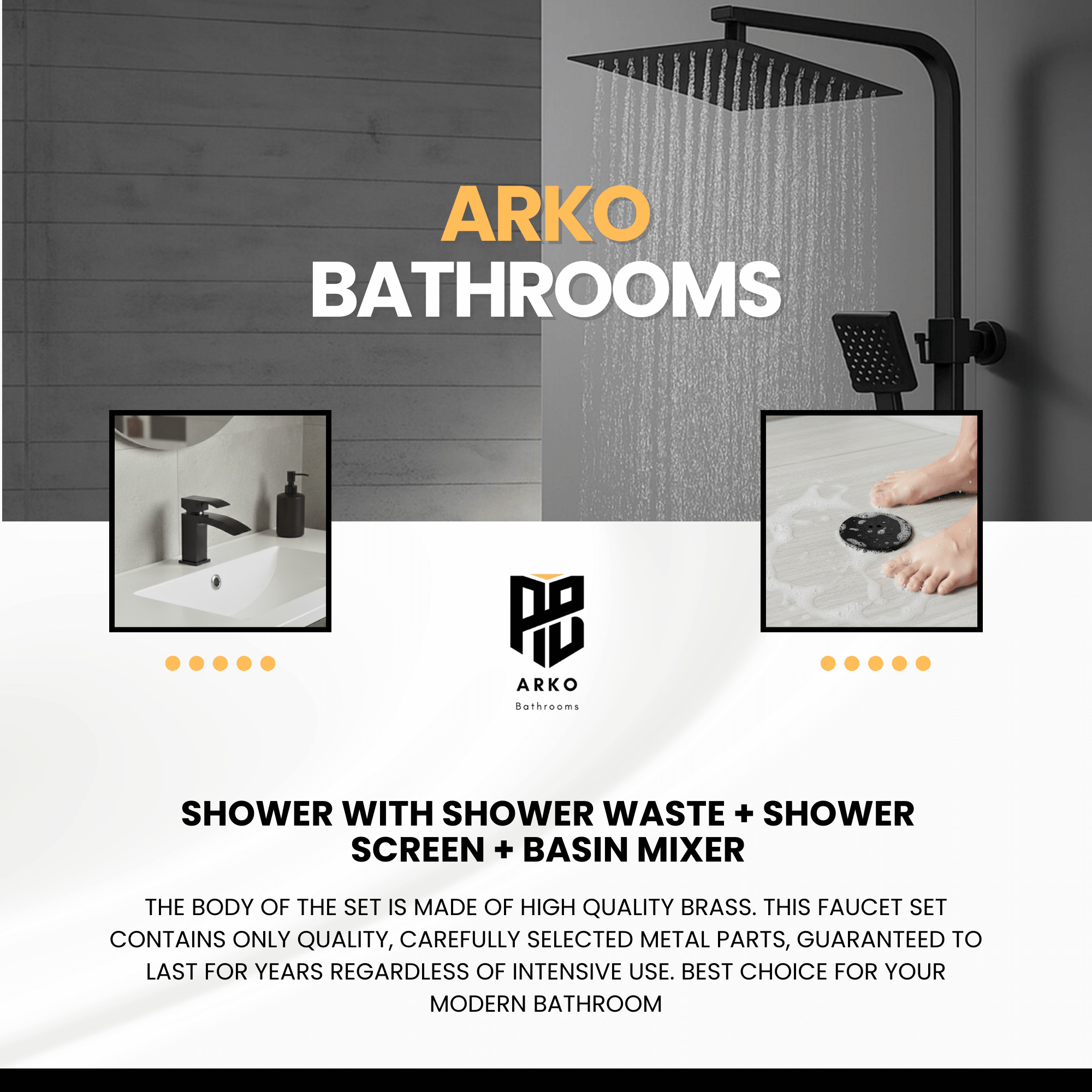 Arko Bathroom Vista Mixer Shower & Basin Mixer Tap Sets with Bath Shower Waste – Black