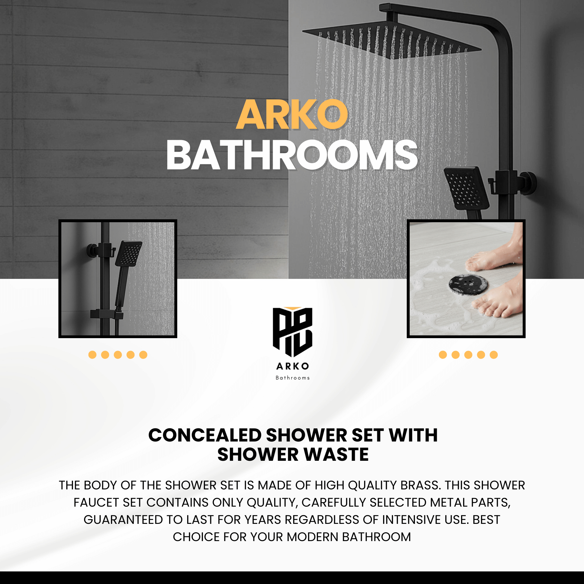 ARKO Bathroom Square Thermostatic Mixer Shower with Riser Rail, Shower Waste & Twin head - Back