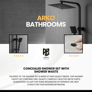 ARKO Bathroom Square Thermostatic Mixer Shower with Riser Rail, Shower Waste & Twin head - Back