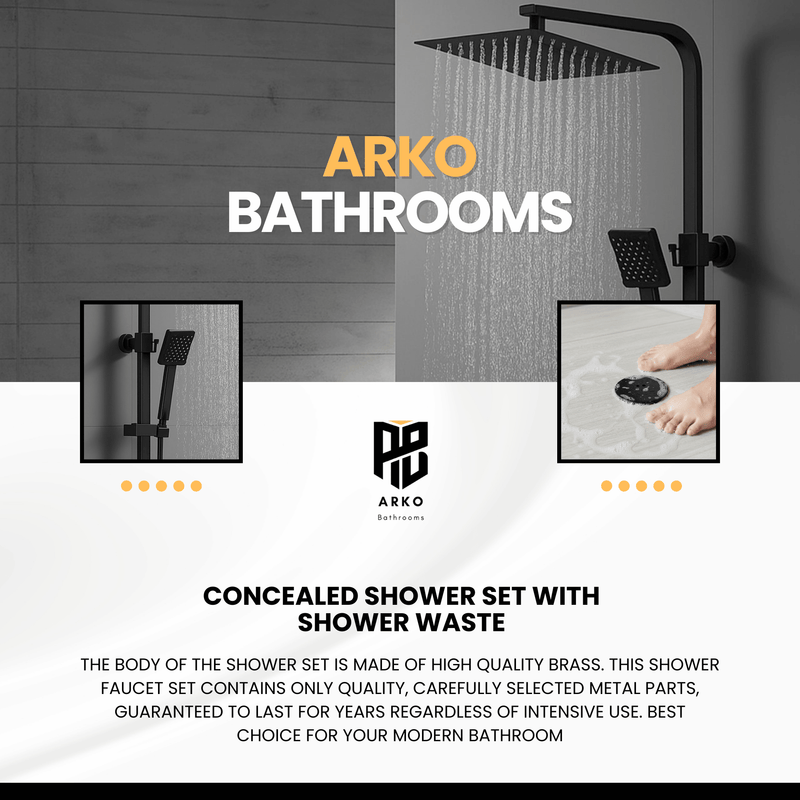 ARKO Bathroom Square Thermostatic Mixer Shower with Riser Rail, Shower Waste & Twin head - Back