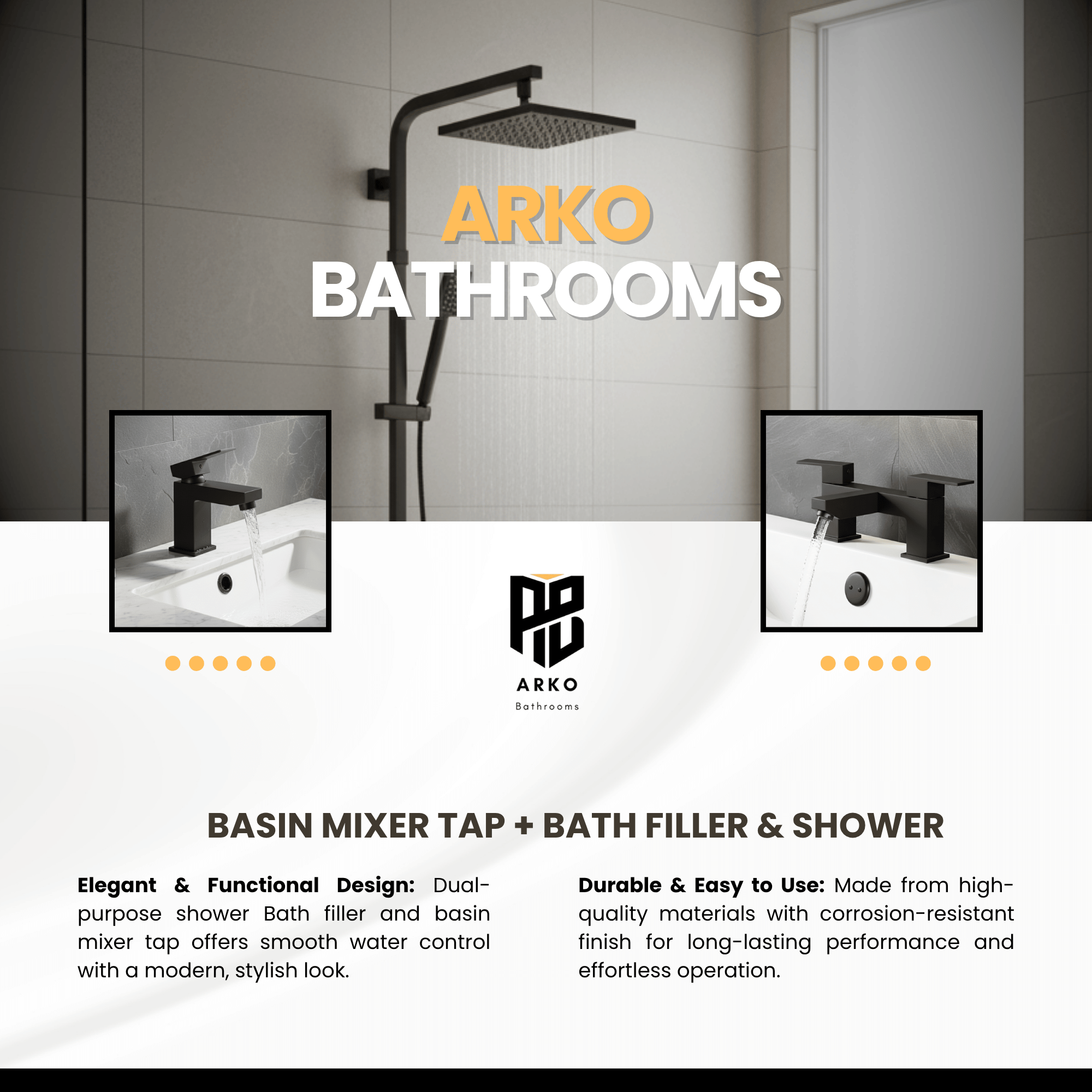 ARKO Verda Bath Filler & Mixer Shower Set – Black