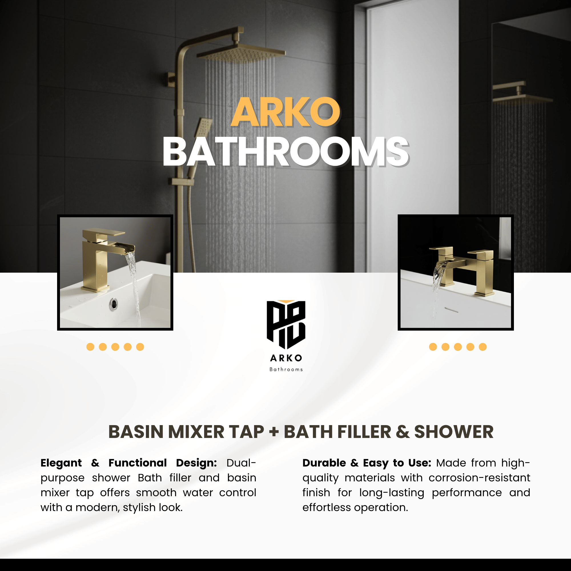 ARKO Waterfall Bath Filler & Mixer Shower Set – Brass