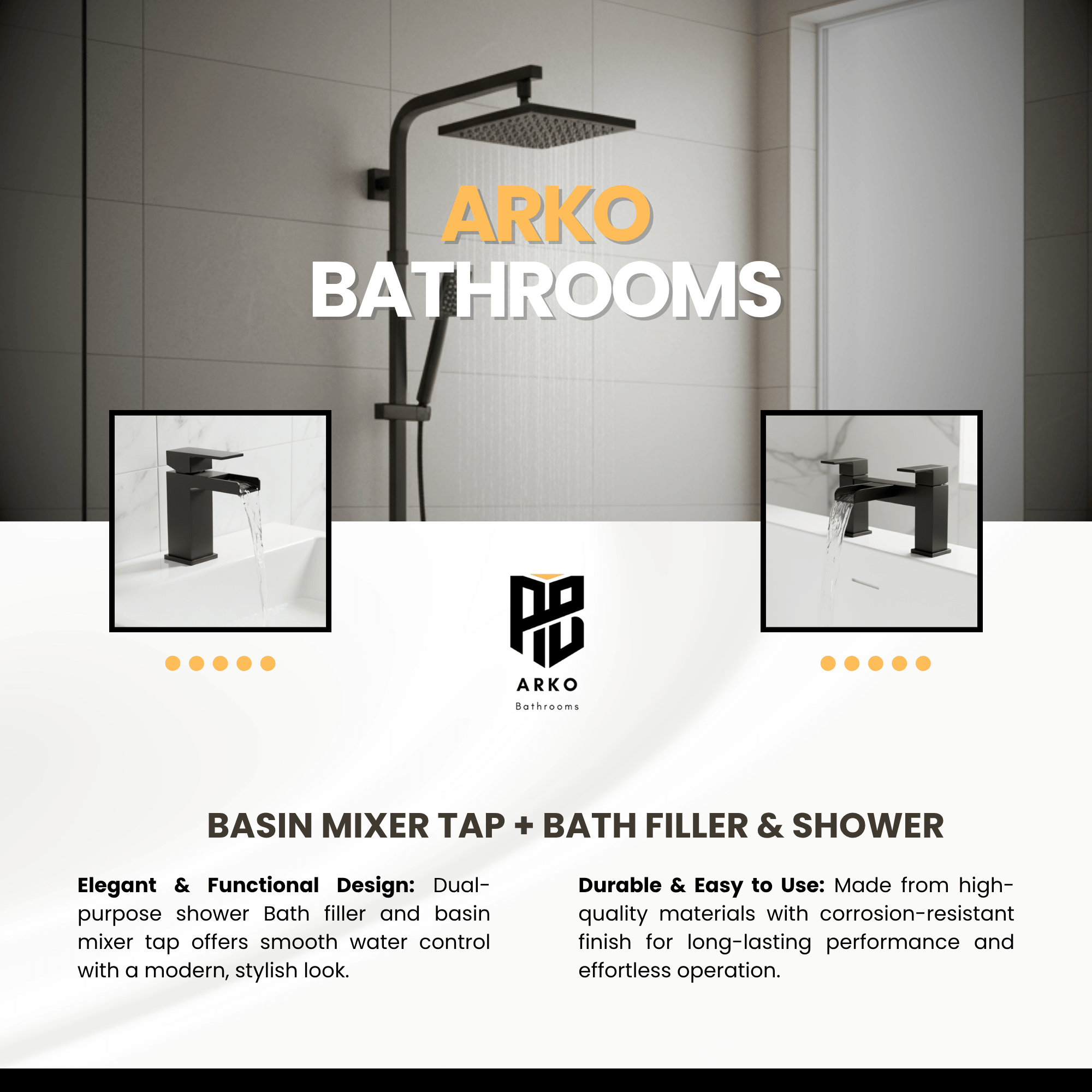 ARKO Waterfall Bath Filler & Mixer Shower Set – Black