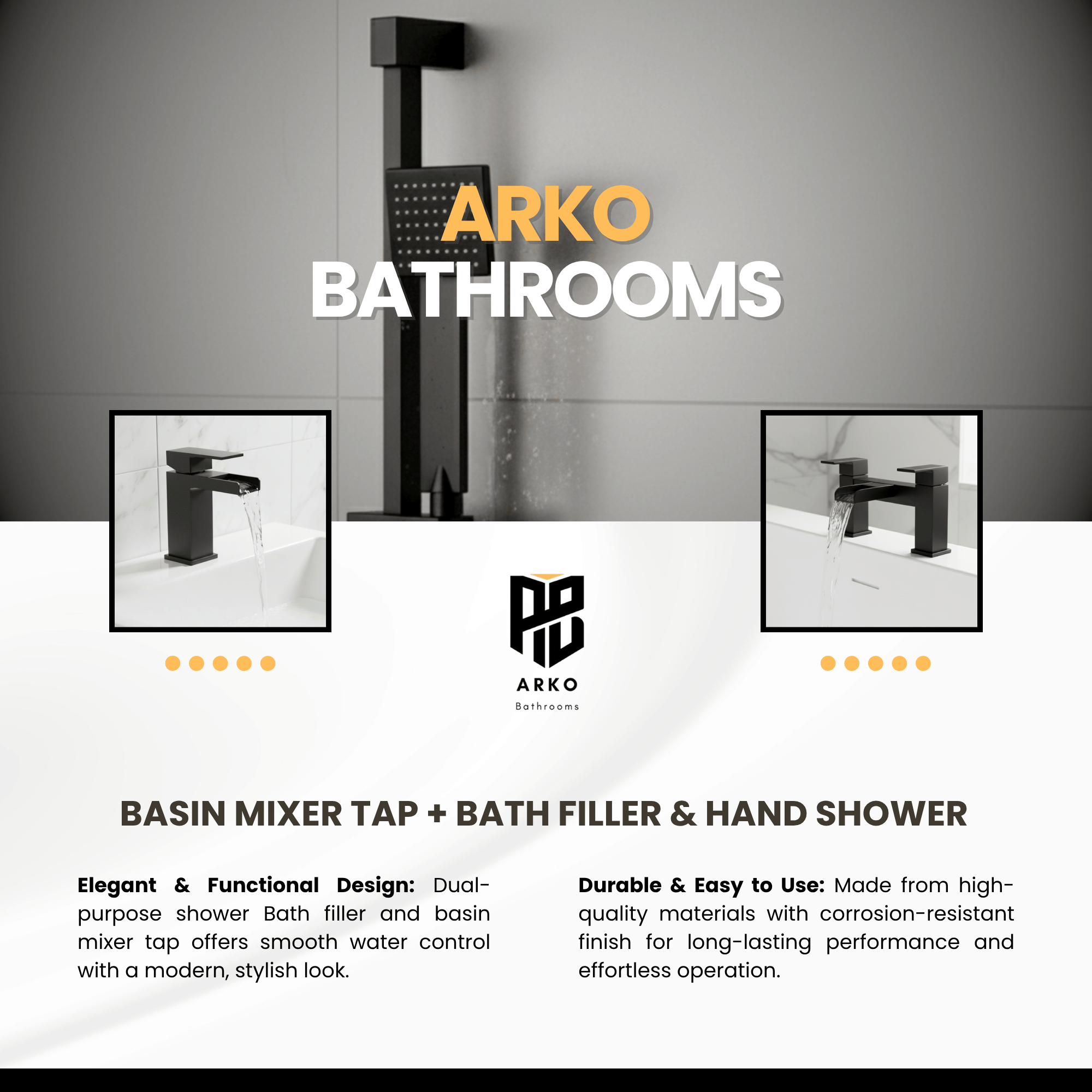 ARKO Waterfall Bath Filler & Hand Shower Set – Black