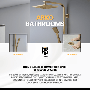 ARKO Bathroom Square Thermostatic Mixer Shower with Riser Rail, Shower Waste & Twin head - Brass