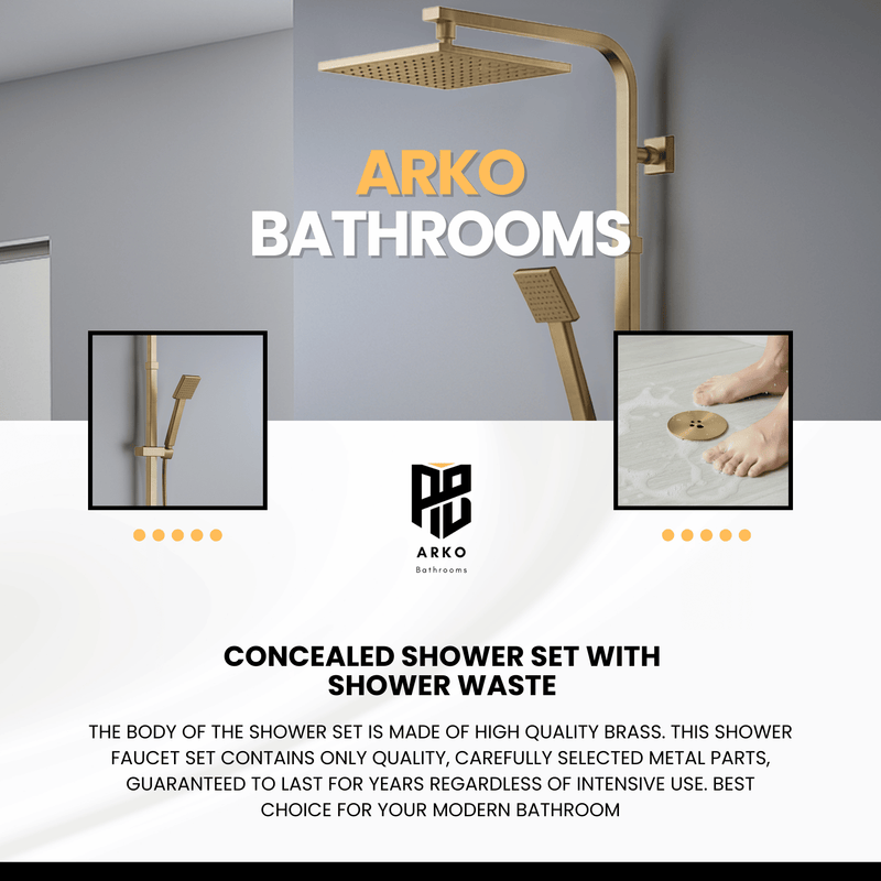 ARKO Bathroom Square Thermostatic Mixer Shower with Riser Rail, Shower Waste & Twin head - Brass