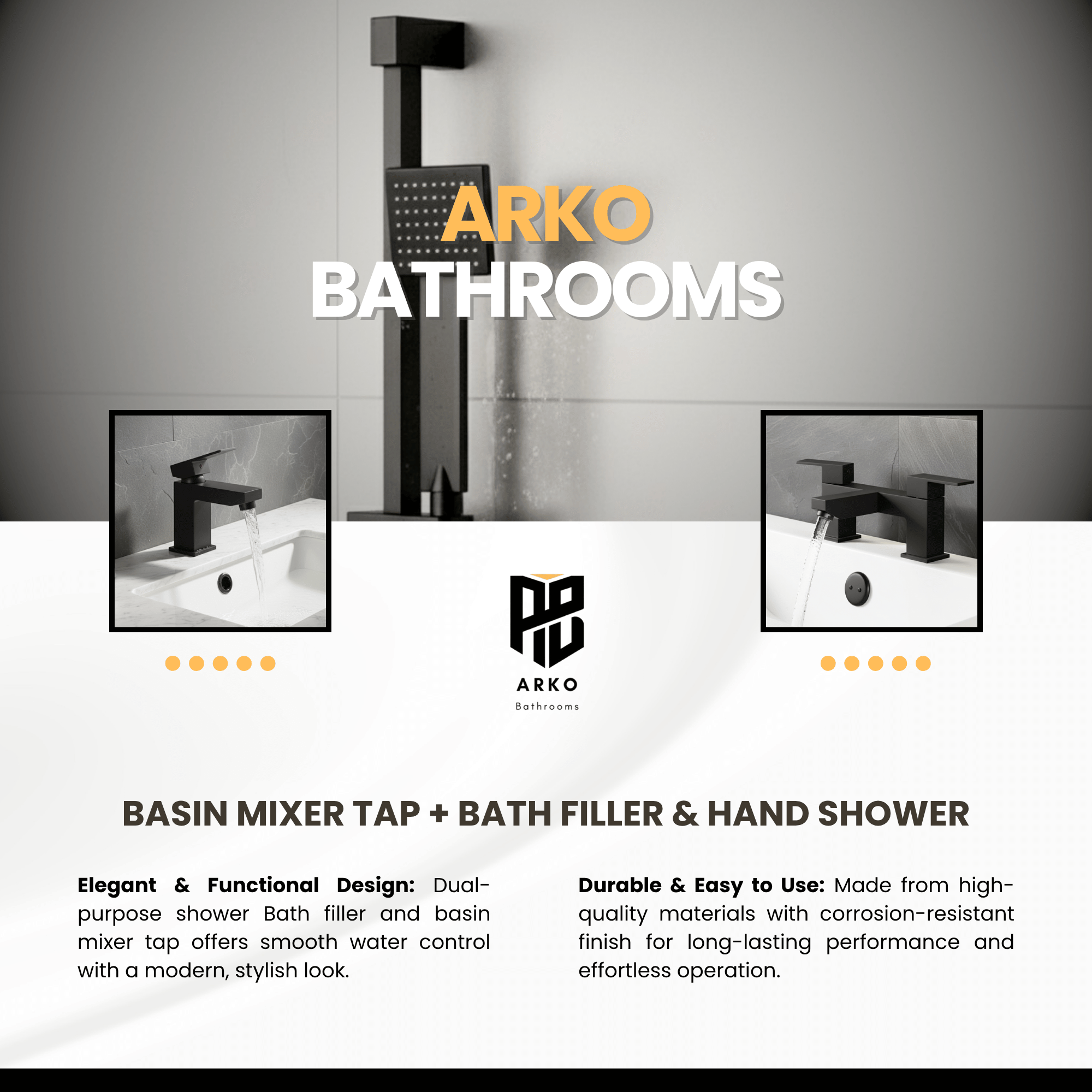ARKO Verda Bath Filler & Hand Shower Set – Black