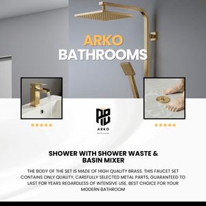 Arko Bathroom Waterfall Mixer Shower & Basin Mixer Tap Sets with Bath Shower Waste – Brass