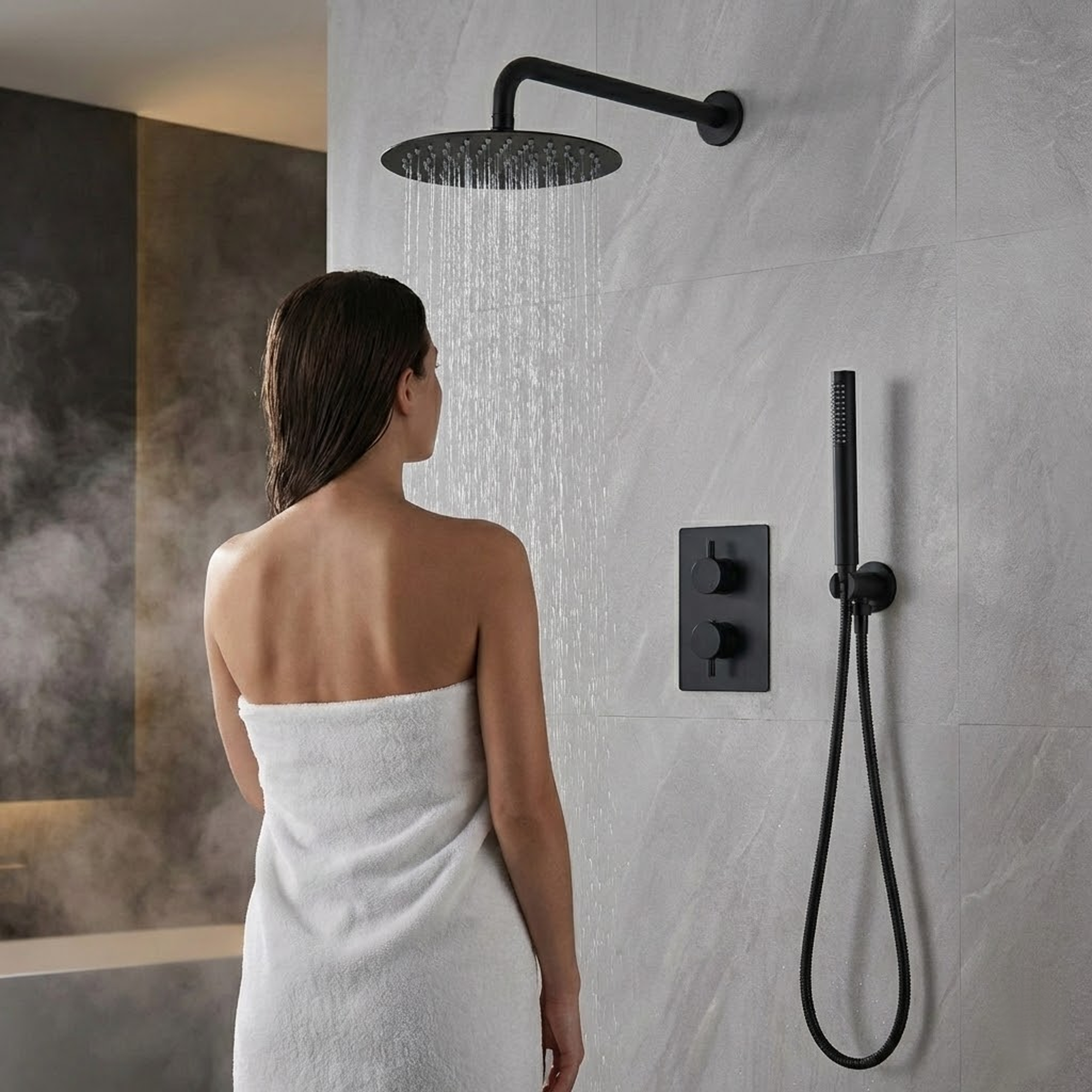 Black Round Concealed Thermostatic Shower Pack with Head + Handset