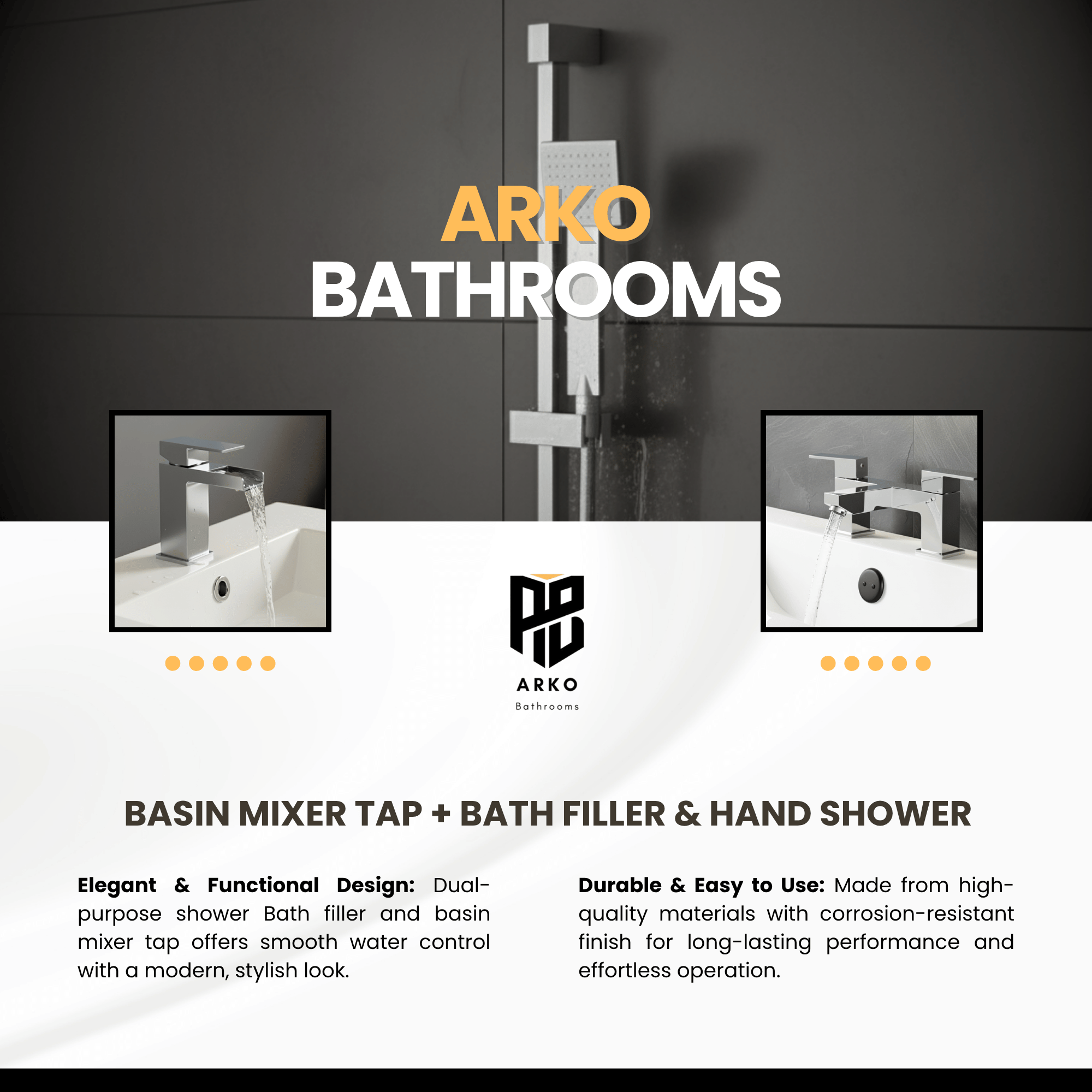 ARKO Waterfall Bath Filler & Hand Shower Set – Chrome