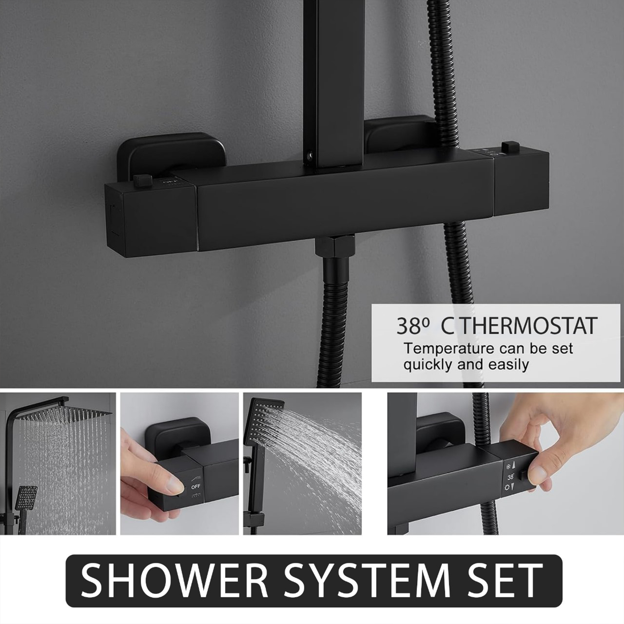 ARKO Square Rainfall Shower System with Handheld Spray & Curved Glass Sliding Shower Enclosure - Matte Black