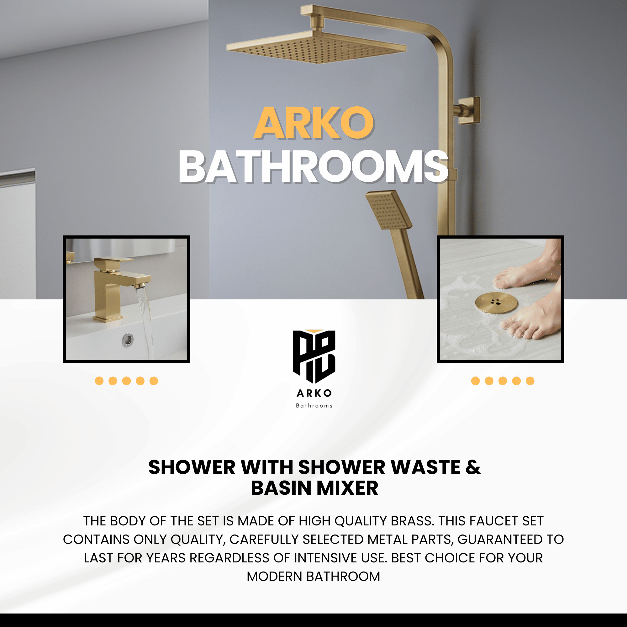 Arko Bathroom Verda Mixer Shower & Basin Mixer Tap Sets with Bath Shower Waste – Brass