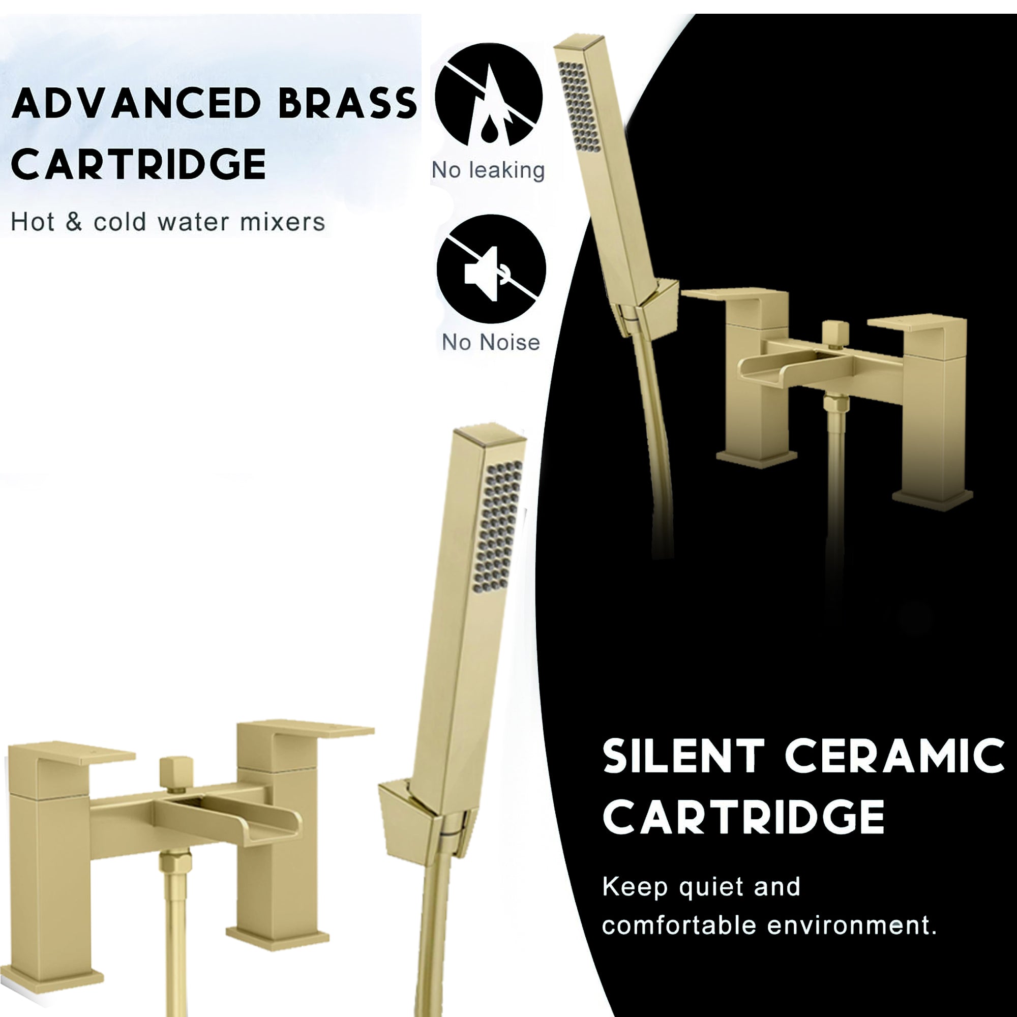 Waterfall Bath Shower Mixer with Shower Kit – Brushed Brass