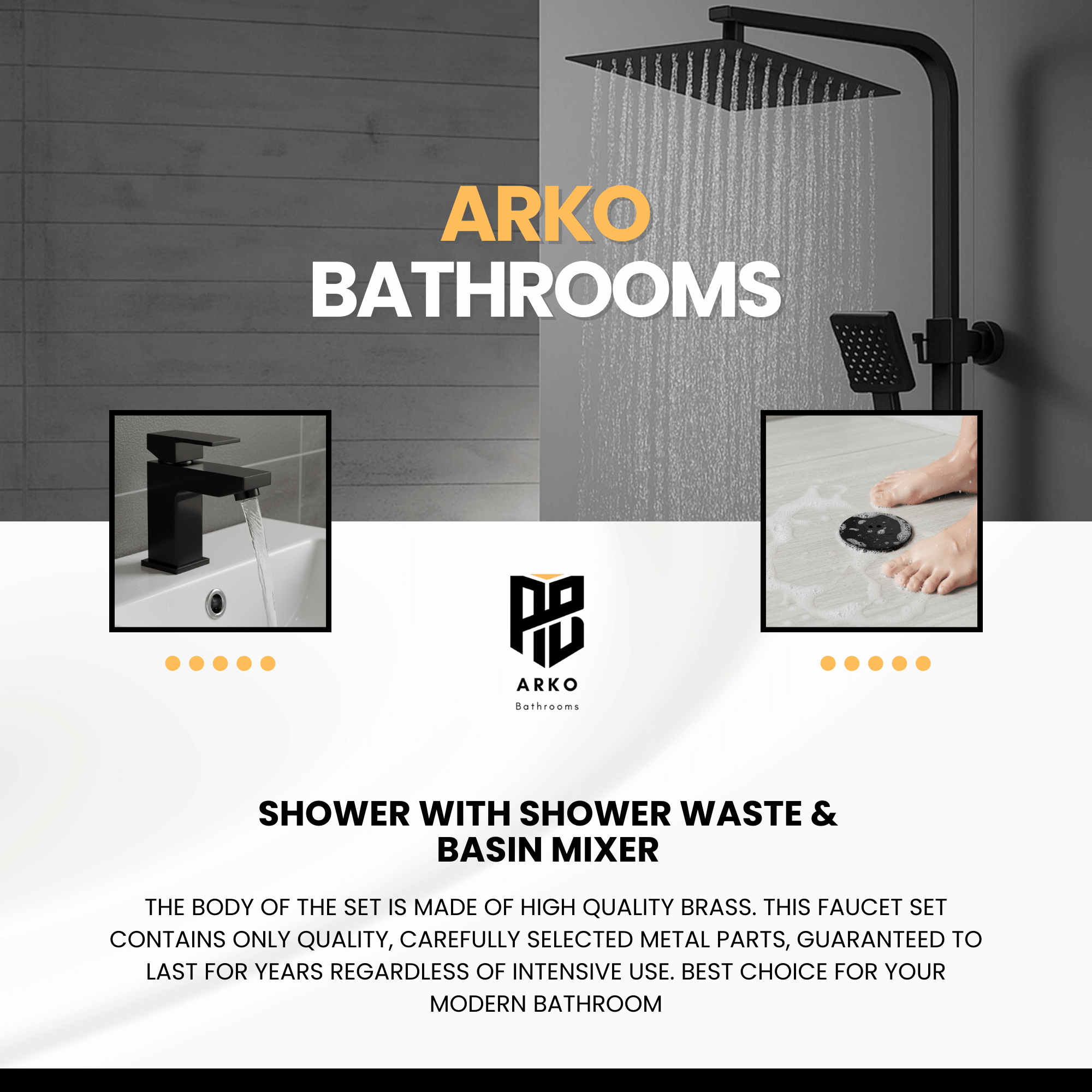 Arko Bathroom Verda Mixer Shower & Basin Mixer Tap Sets with Bath Shower Waste – Black