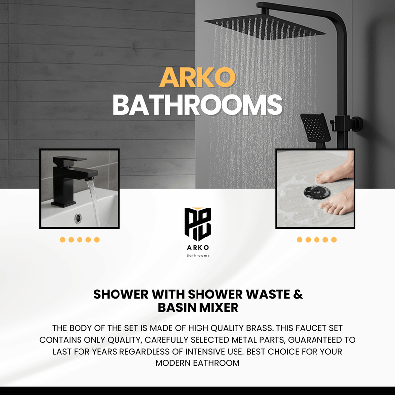 Arko Bathroom Verda Mixer Shower & Basin Mixer Tap Sets with Bath Shower Waste – Black