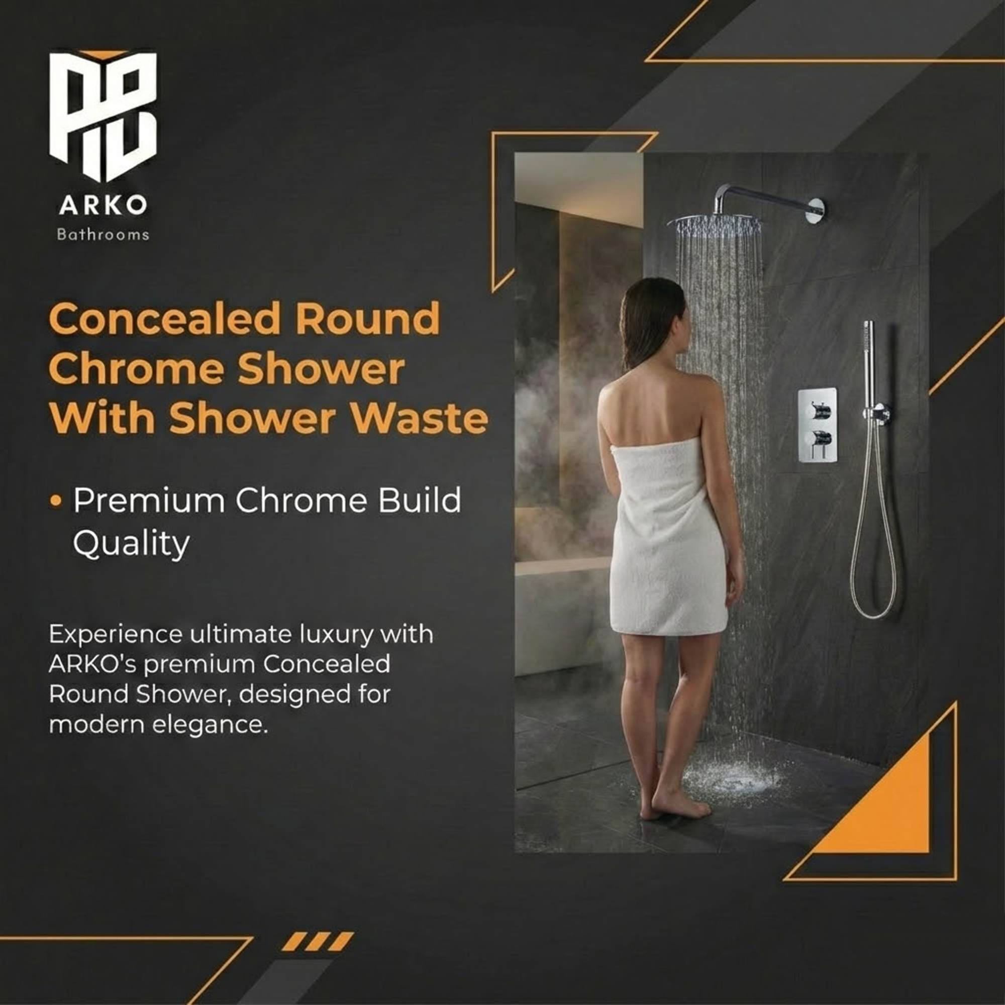 ARKO Round Concealed Thermostatic Shower Mixer 2 Dial Twin Head with Valve, Handset & Shower Waste – Chrome