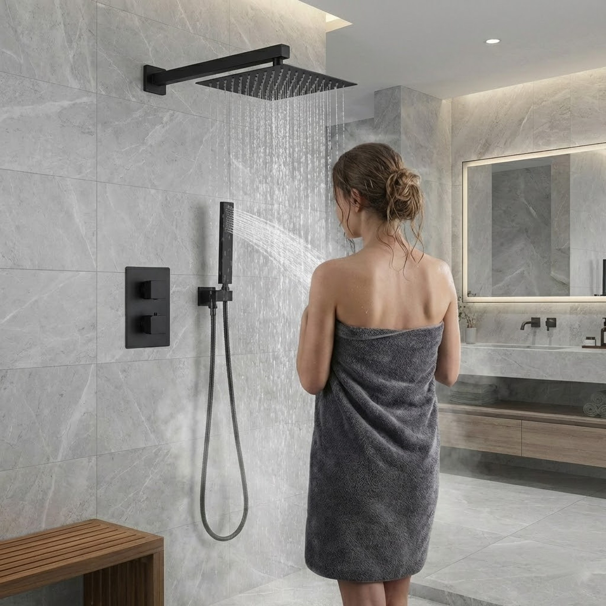 ARKO 2-Way Square Concealed Thermostatic Mixer Shower Dual Dial, Twin Head – Black