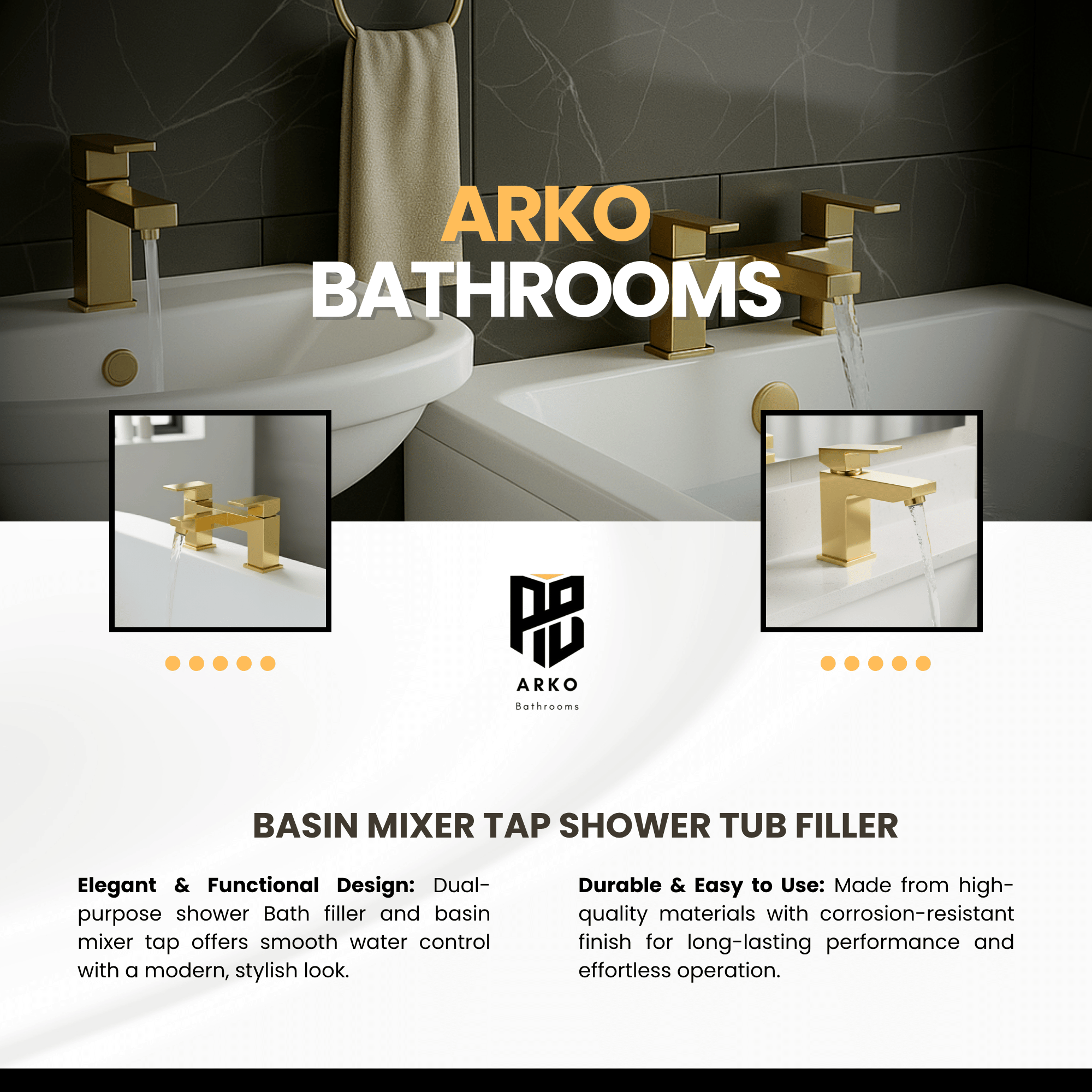 ARKO Verda Brass Bath & Basin Mixer Tap Set – BRASS