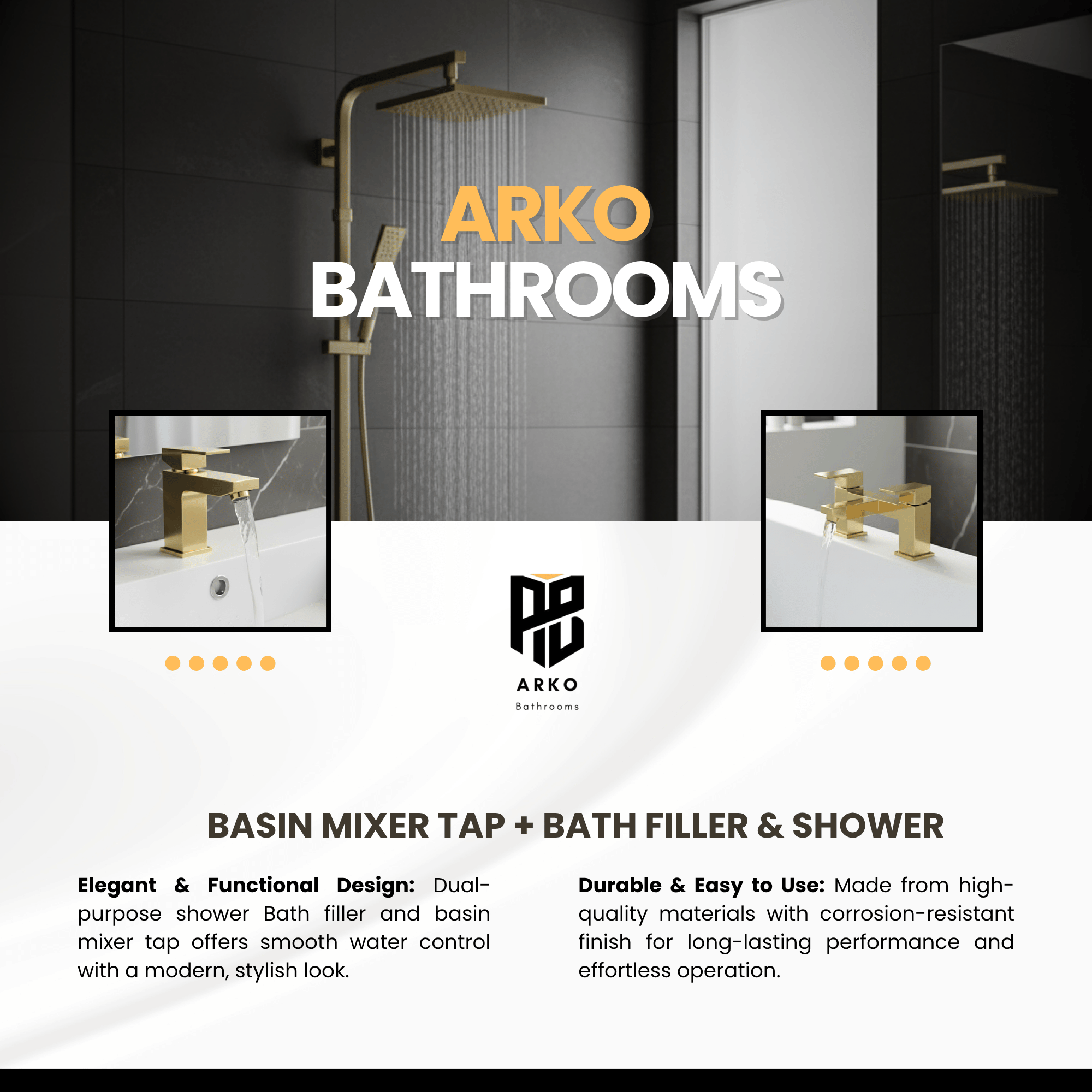 ARKO Verda Bath Filler & Mixer Shower Set – Brass