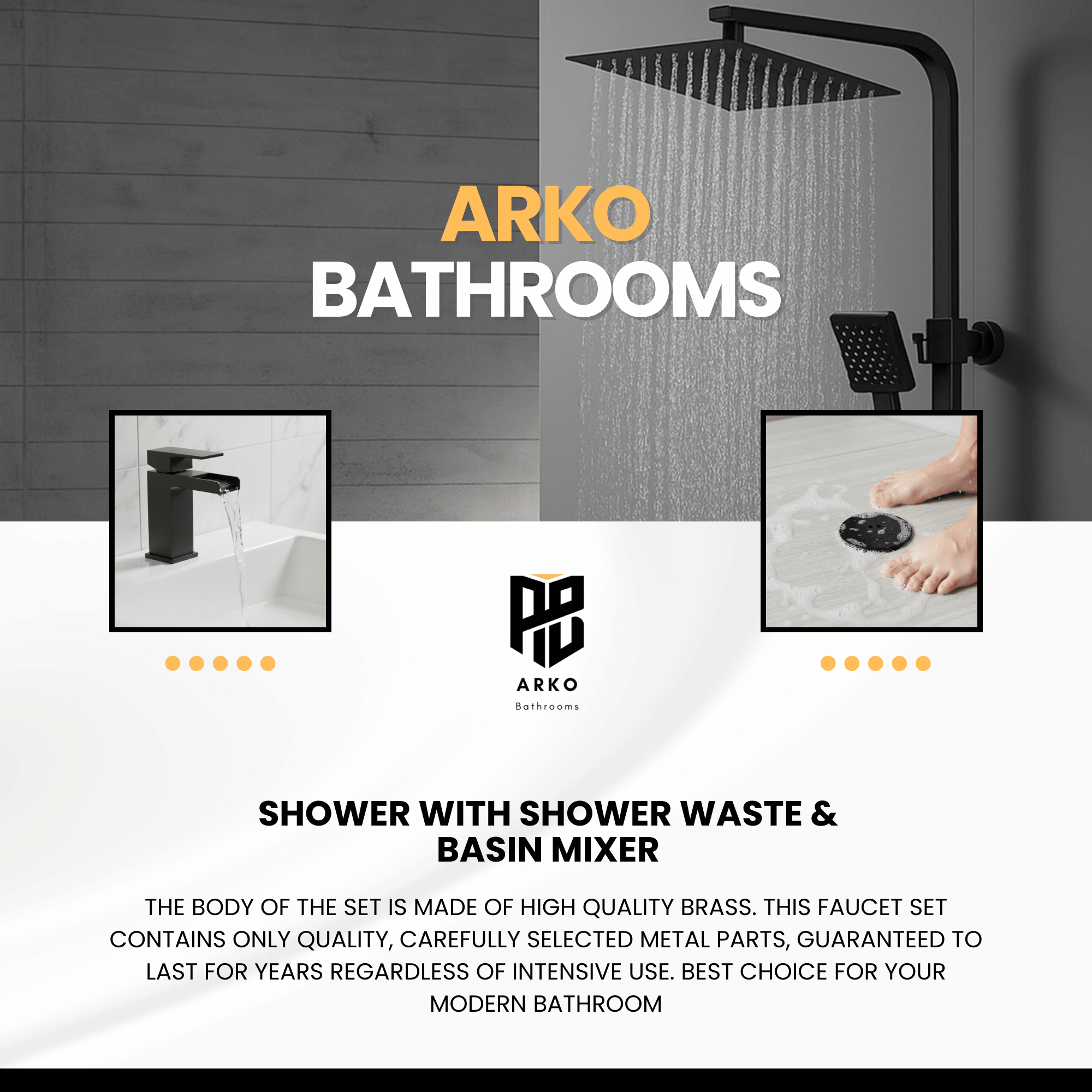 Arko Bathroom Waterfall Mixer Shower & Basin Mixer Tap Sets with Bath Shower Waste – Black