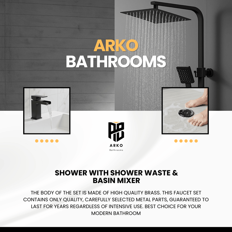 Arko Bathroom Waterfall Mixer Shower & Basin Mixer Tap Sets with Bath Shower Waste – Black