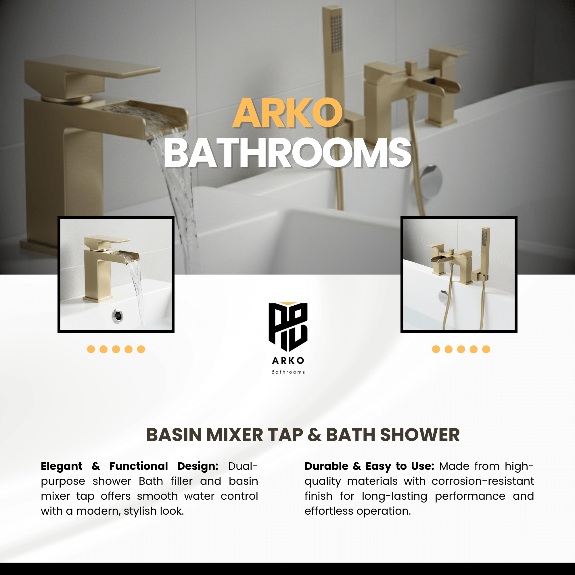 ARKO Waterfall Bath Shower & Basin Mixer Tap Set – Brass