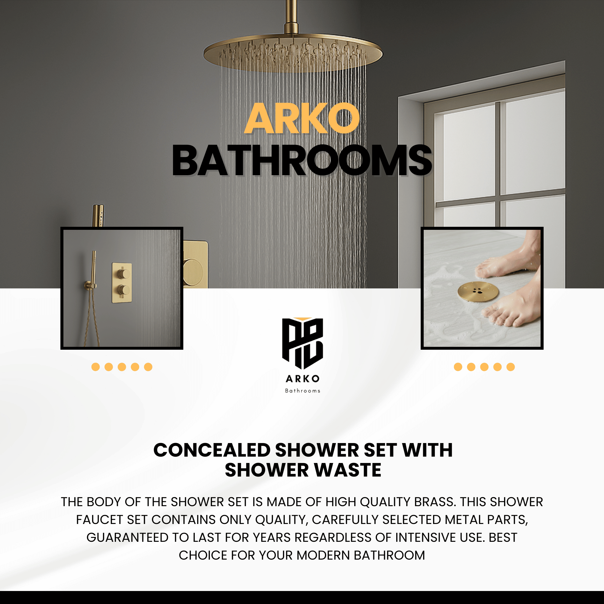 ARKO Round Concealed Thermostatic Shower Mixer 2 Dial Twin Head with Valve, Handset & Shower Waste – Brass