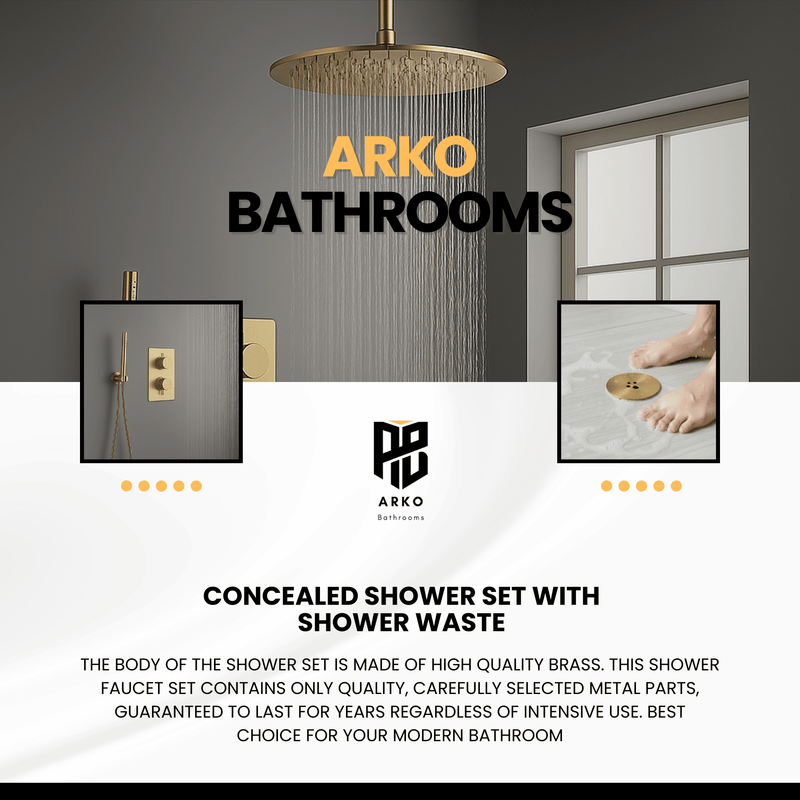 ARKO Round Concealed Thermostatic Shower Mixer 2 Dial Twin Head with Valve, Handset & Shower Waste – Brass