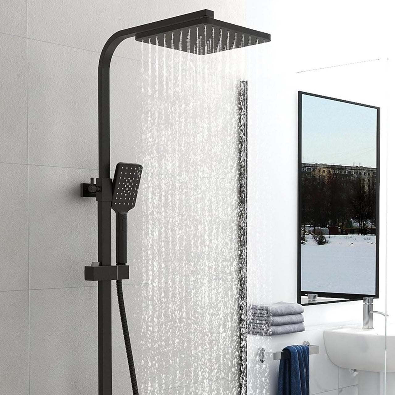 ARKO Bathroom Square Thermostatic Mixer Shower with Riser Rail, Shower Waste & Twin head - Back