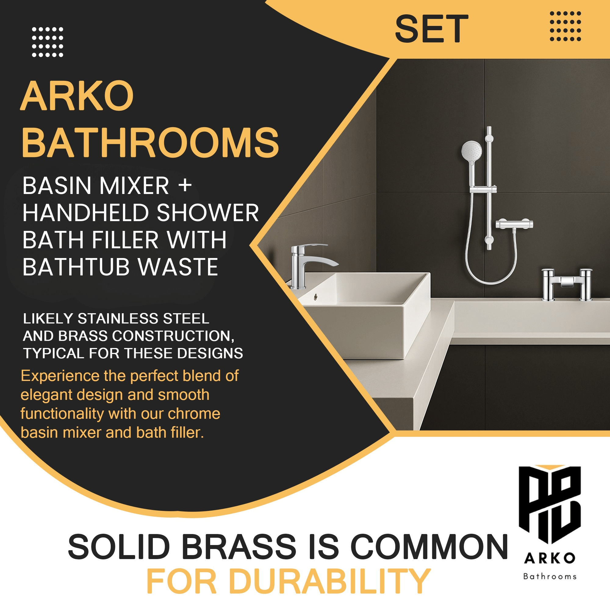 ARKO Capri Basin Mixer Tap, Bath Filler & Handheld Shower Set with Bath Waste – Chrome