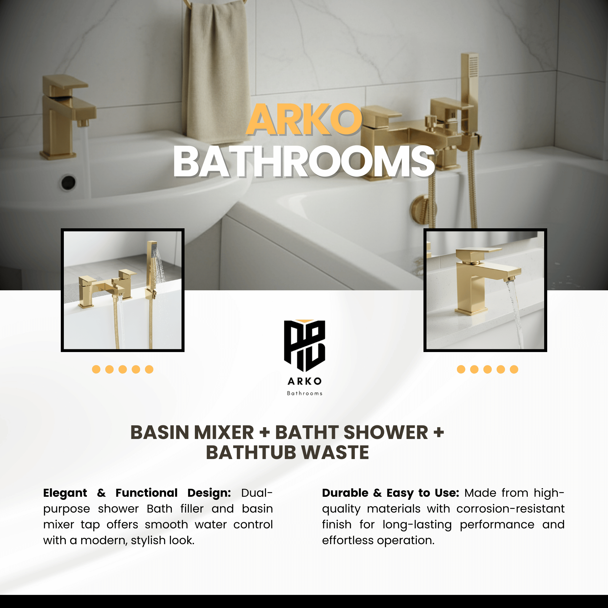 Arko Verda Basin Mixer Tap & Bath Shower Set with Bath Waste – Brass