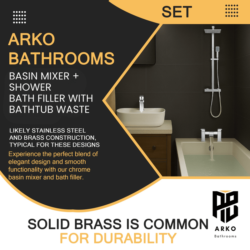 ARKO Vista Basin Mixer Tap, Bath Filler & Thermostatic Mixer Shower Set with Bath Waste – Chrome