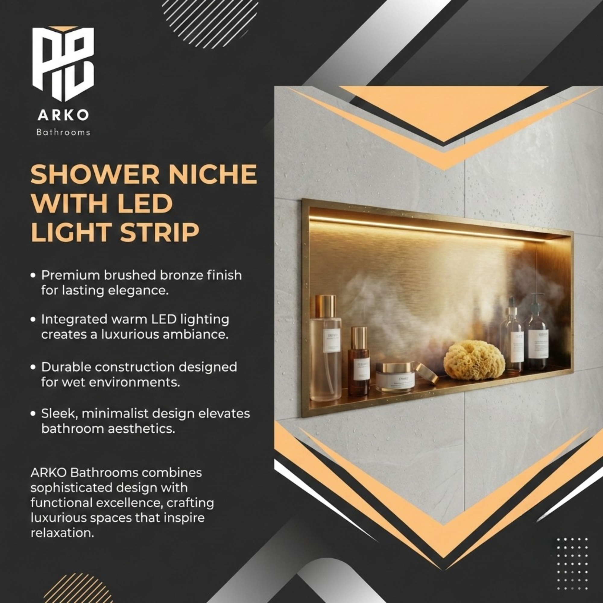 ARKO Shower Niche with LED Light Wall Insert, Bathroom Shower Storage Shelf, Bronze