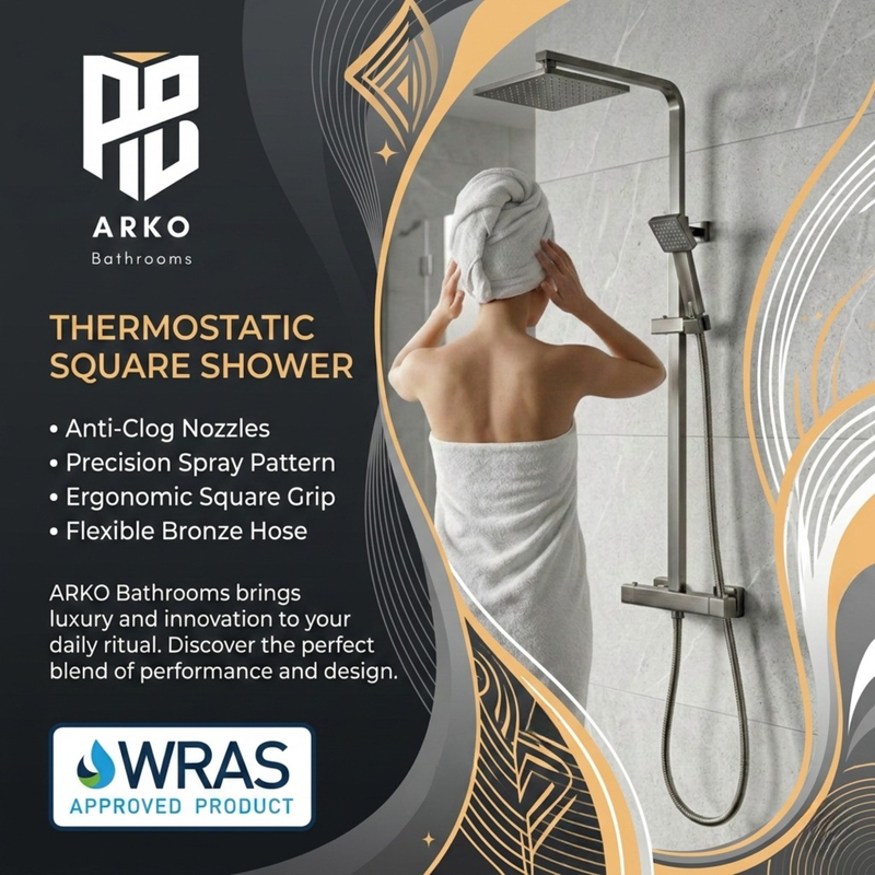 Arko Modern Square Thermostatic Shower – Gunmetal