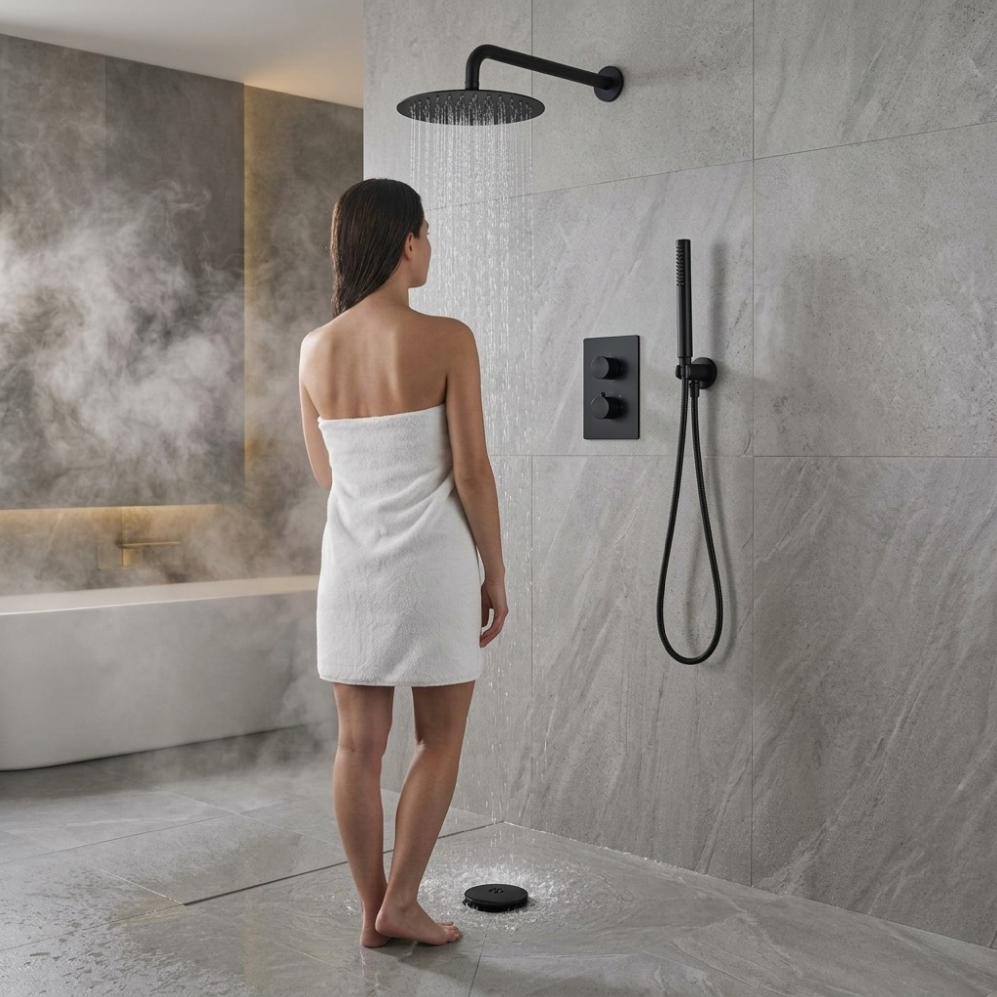 ARKO Round Concealed Thermostatic Shower Mixer 2 Dial Twin Head with Valve, Handset & Shower Waste – Black