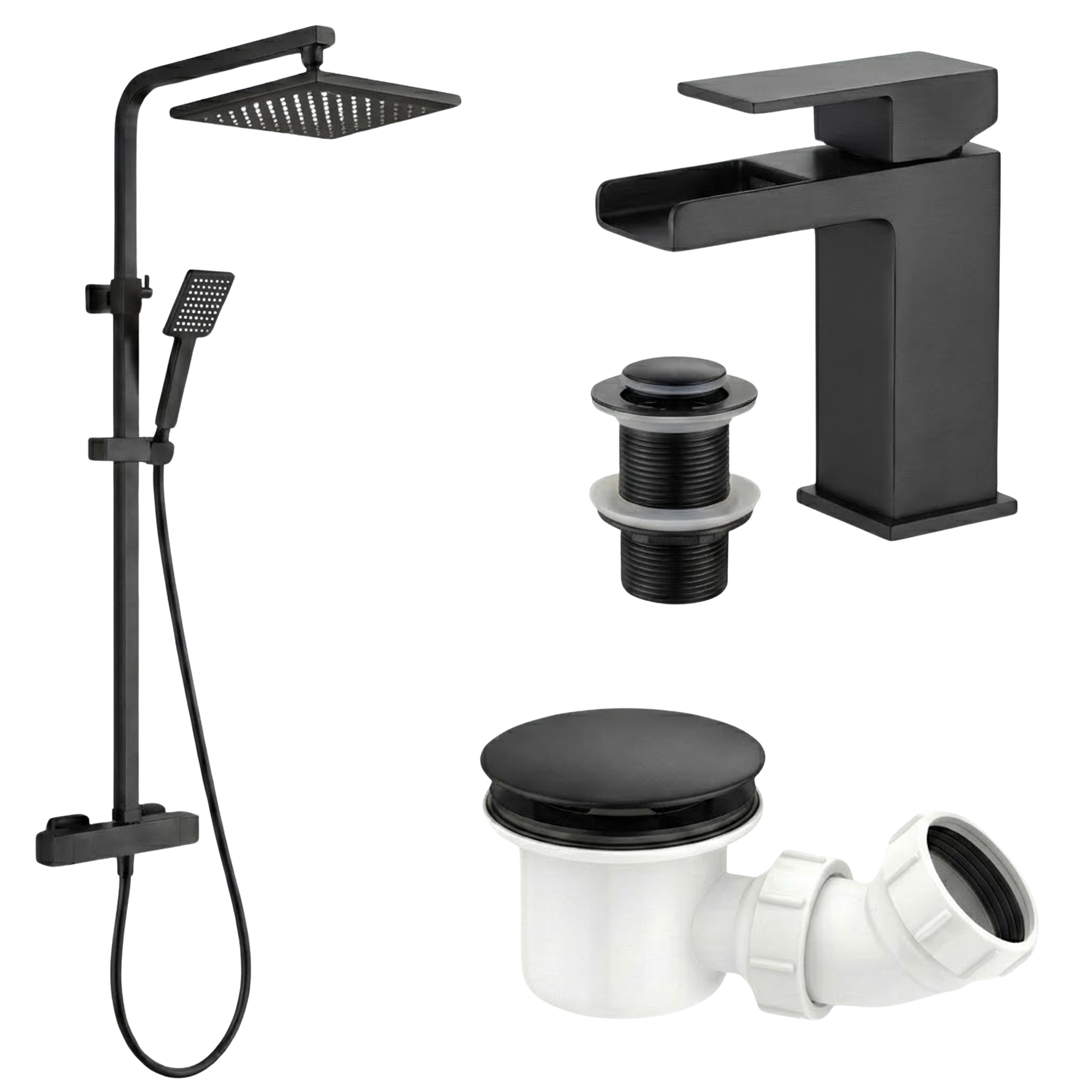 Arko Bathroom Waterfall Mixer Shower & Basin Mixer Tap Sets with Bath Shower Waste – Black