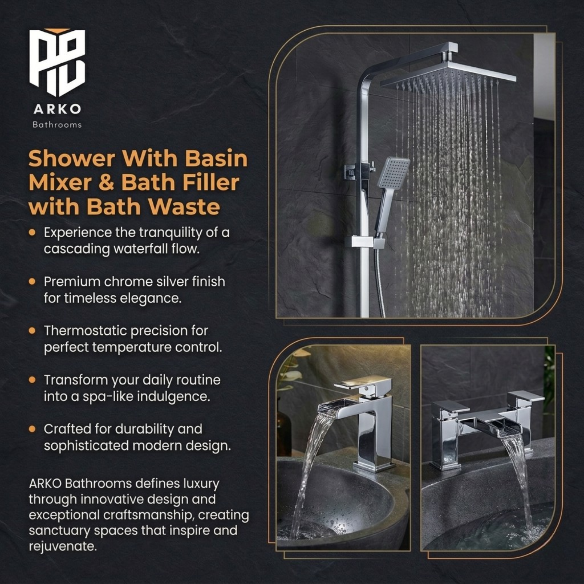 ARKO Waterfall Basin Mixer Tap, Bath Filler & Thermostatic Mixer Shower Set with Bath Waste – Chrome